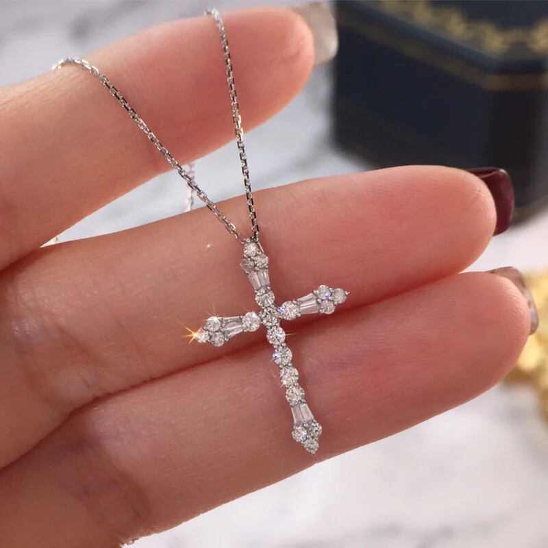 KOFSAC Trendy Shiny Crystal Zircon Cross Pendant Necklace For Women Charm 925 Silver Necklaces Jewelry Lady Valentine\'s Day Gift