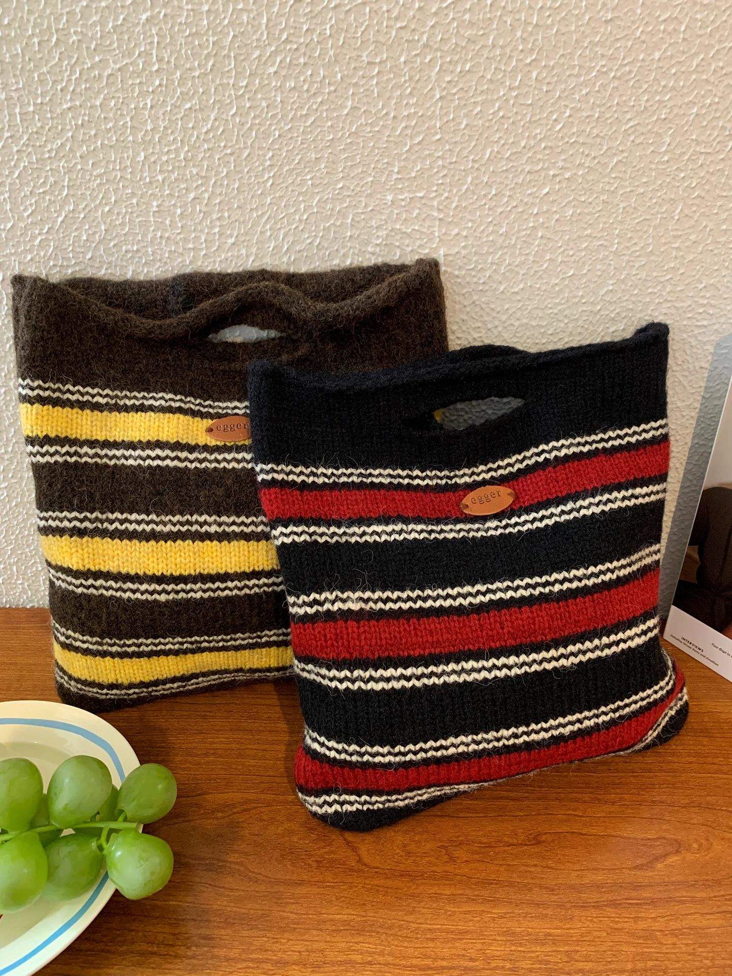 Korean Style Striped Knitted Handbag Women's Casual Commuter Bag Large Capacity Soft Handle Fall Winter New Arrival