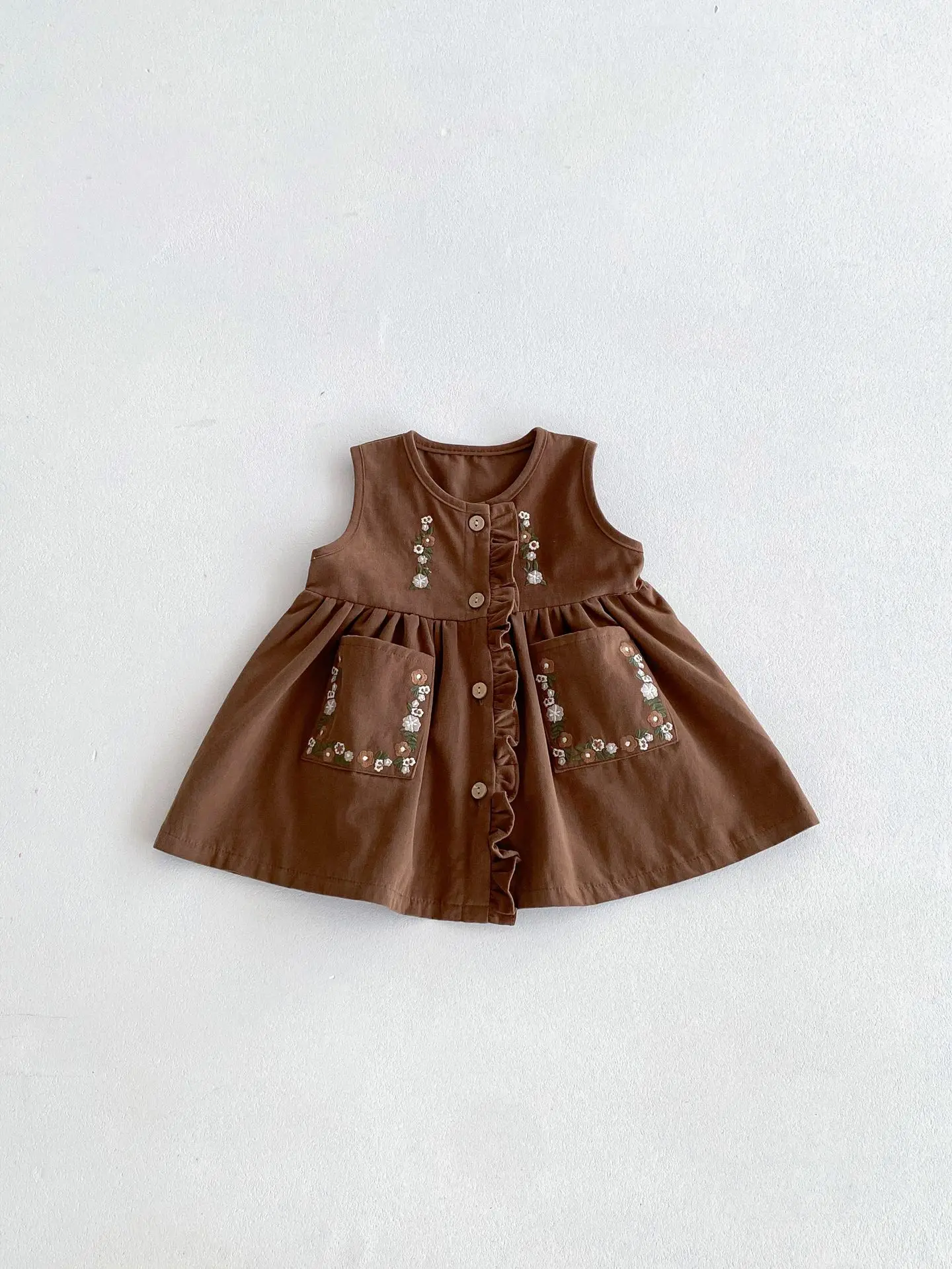 Girls Autumn 2025 New Two-piece Children\'s Fashion Fungus Edge Embroidered Mori Vest Dress Girls Dress