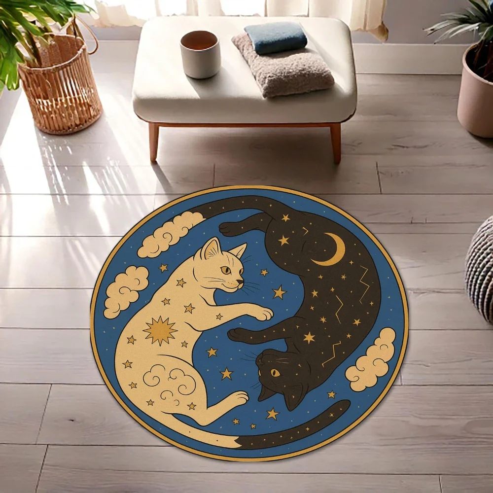 Boho Folk Mystic Three Cats All Seeing Eye Floral Moon print Round Rug,Living Room,Bedroom,Entryway Non Slip Rug Giftbox