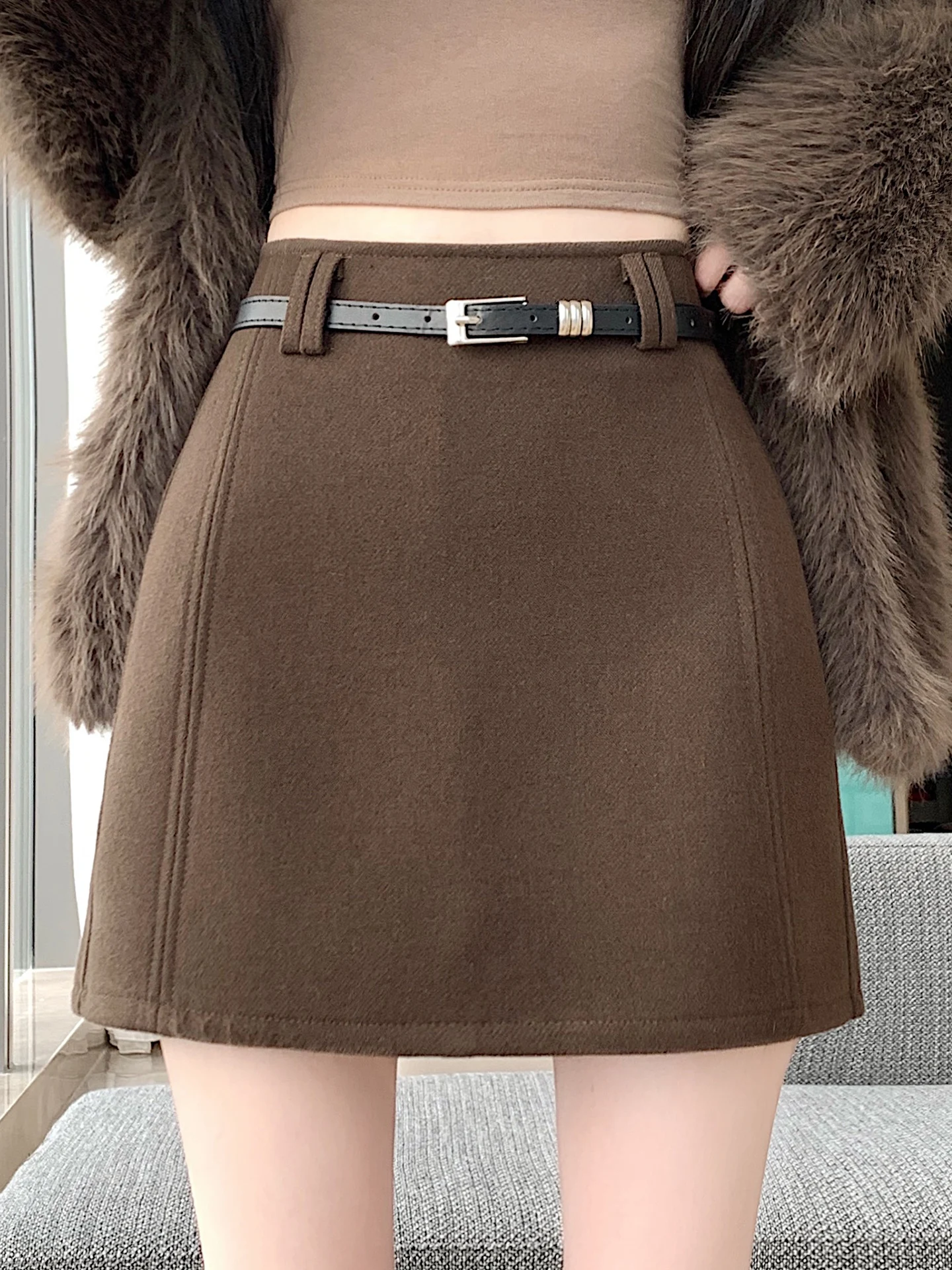 Koreaanse Sle Commuter Afslankende Wollen A-lijn Rok Dames Faionable Casual Hoge Taille Rok voor Herfst Winter