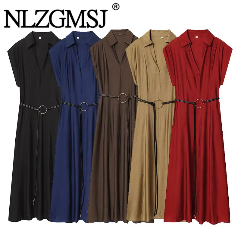 

Элегантное длинное платье Nlzgmsj 2026 с отложным воротником, декоративным поясом, короткими рукавами, прямого кроя, модное женское платье