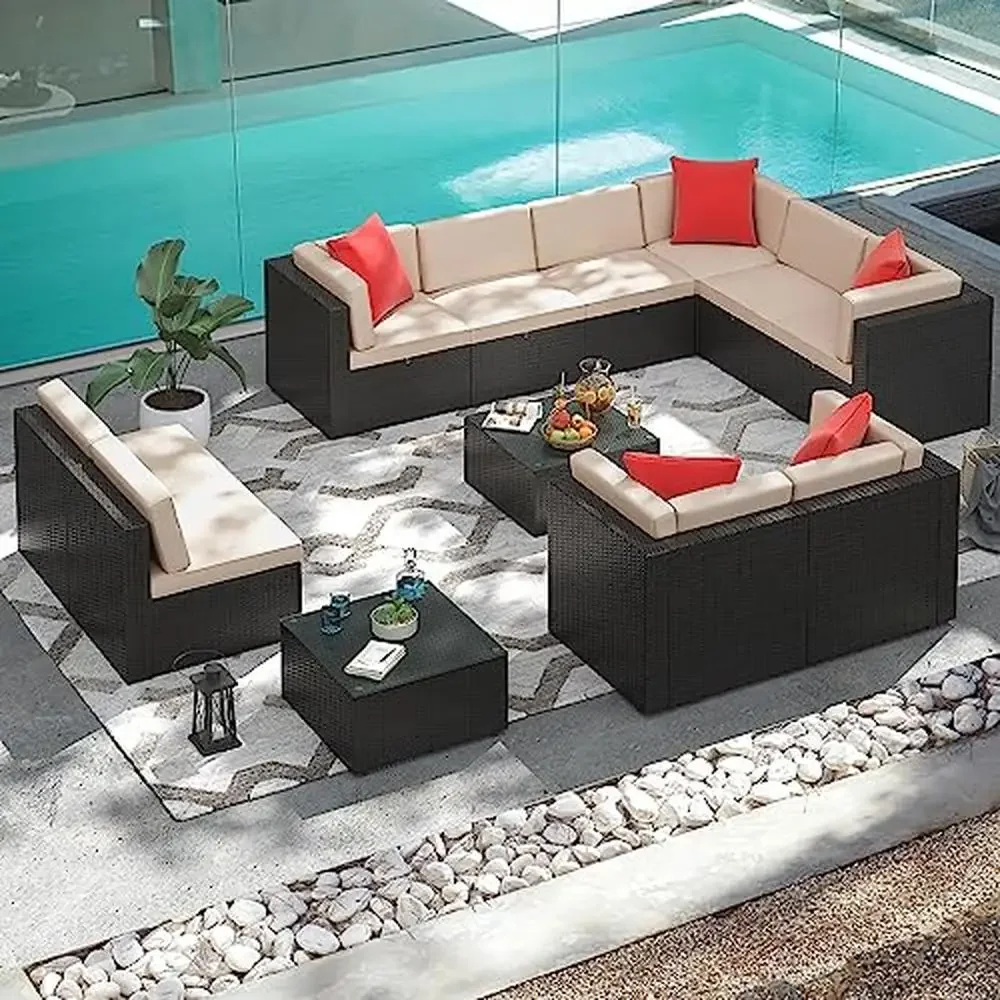 Outdoor Patio Furniture Set 12-Piece Rattan Sectional Sofa with Thick Cushions and Glass Table Beige