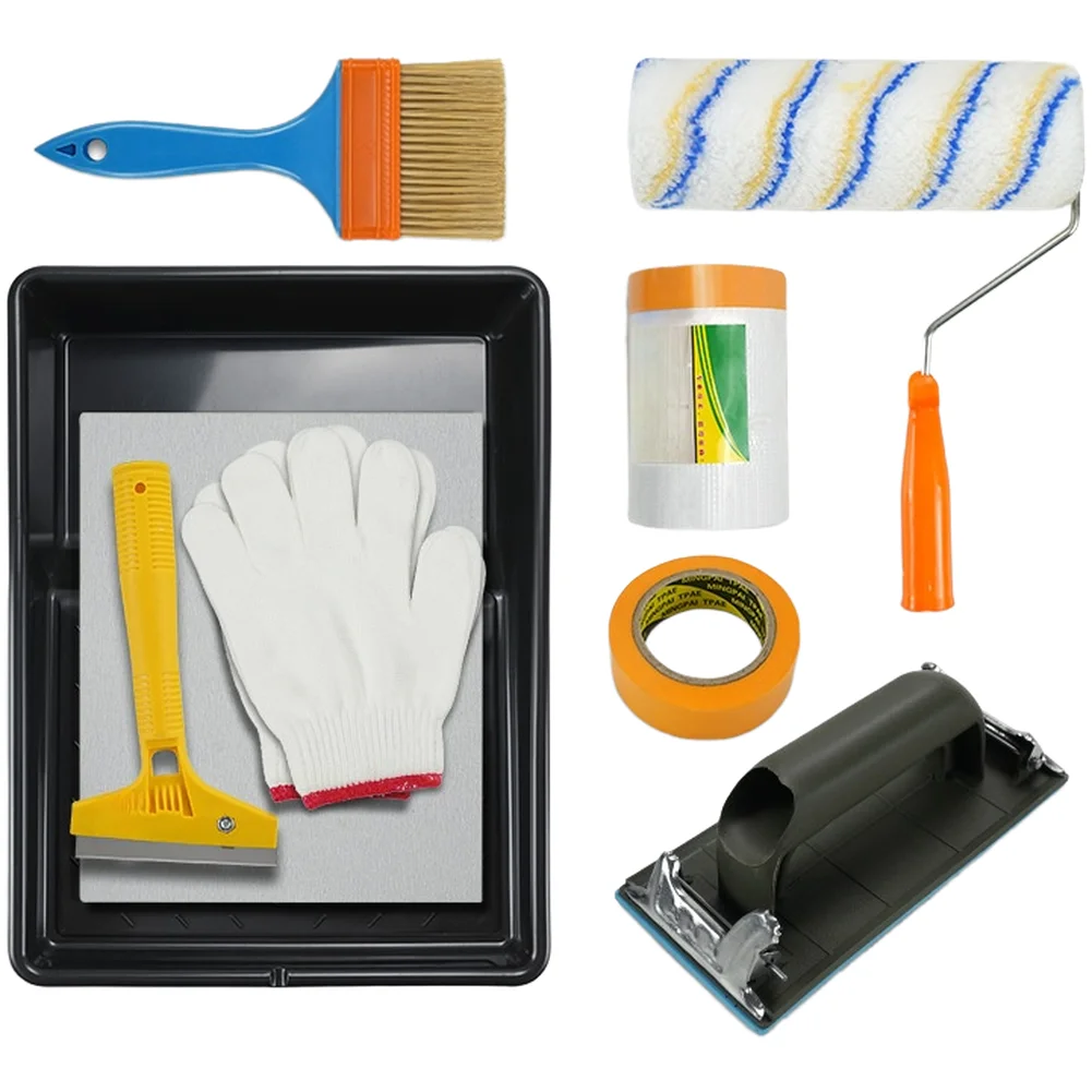 9 Piece For Wall Prep and Painting Kit with Tray Roller Brush Masking Film Scraper Sandpaper Holder and Gloves