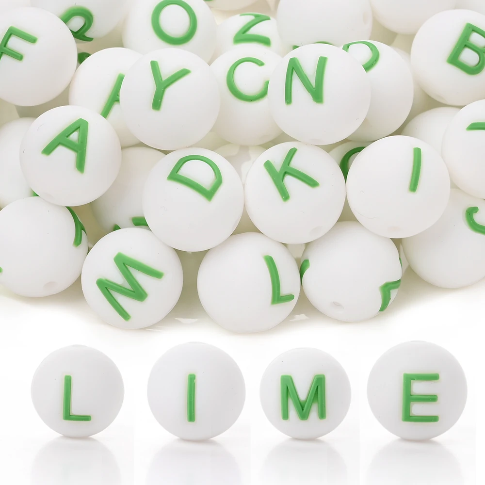 

10Pcs 15mm Silicone Alphabet Letter Beads A-Z Grass Green Round Beads for DIY Pacifier Chains Bracelets Keychain Jewelry