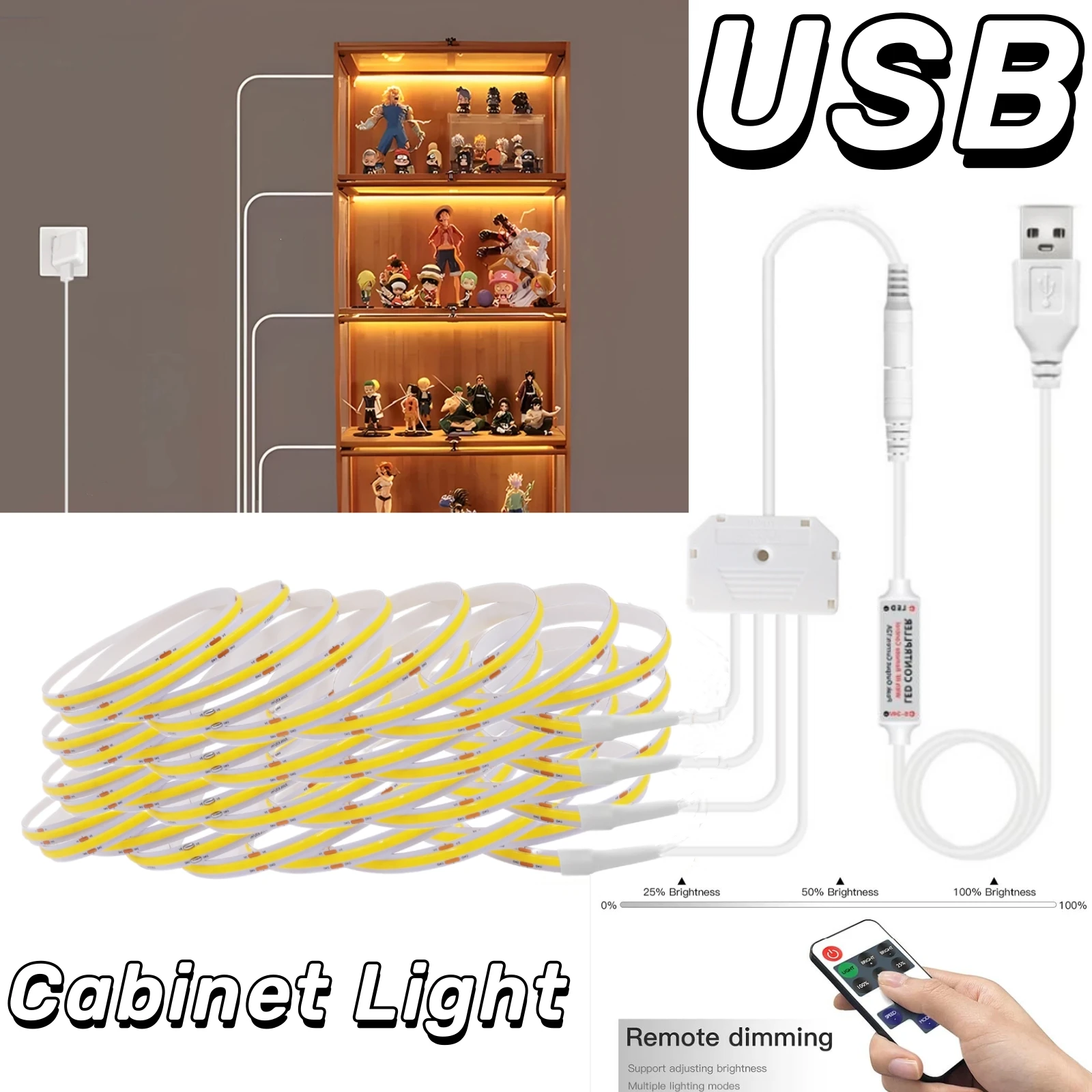 

USB COB LED Strip with Dimmable RF Remote 5V 320LEDs Flexible LED Strip Light for Wall / Under Cabinet Decor Linear Lighting