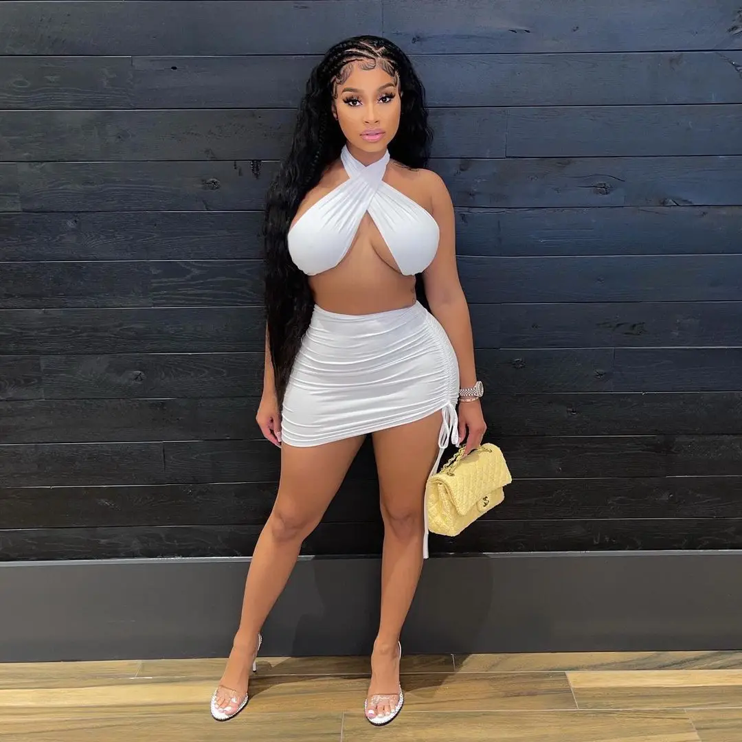 

HAOOHU summer temperament beach sexy braless sleeveless tank top solid color package hip skirt suit fashion women two pieces