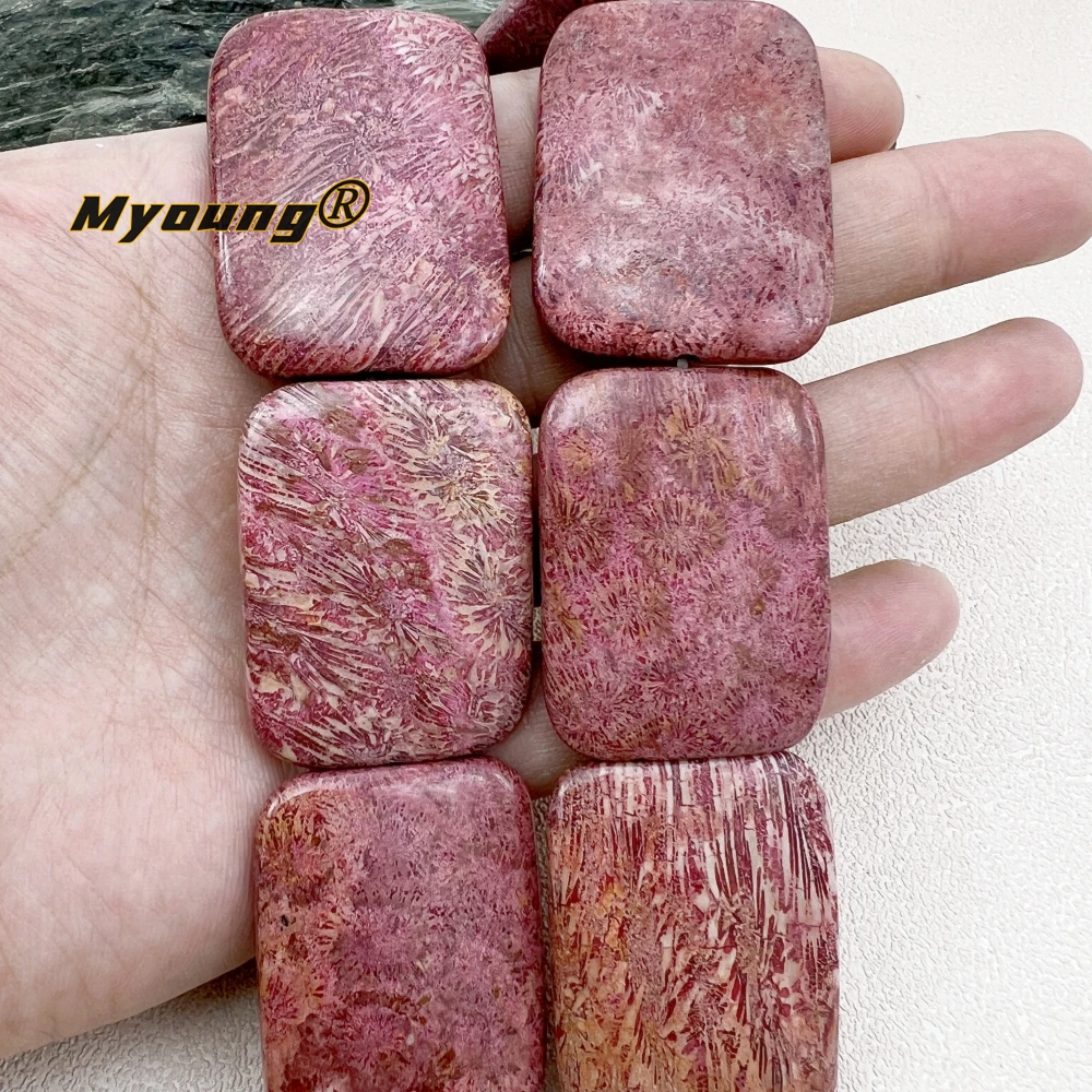 

30x40MM 10PCS Large Rectangle Shape Red Coral Jaspers Chrysanthemum Stone Slice Focus Pendant Beads MY240135