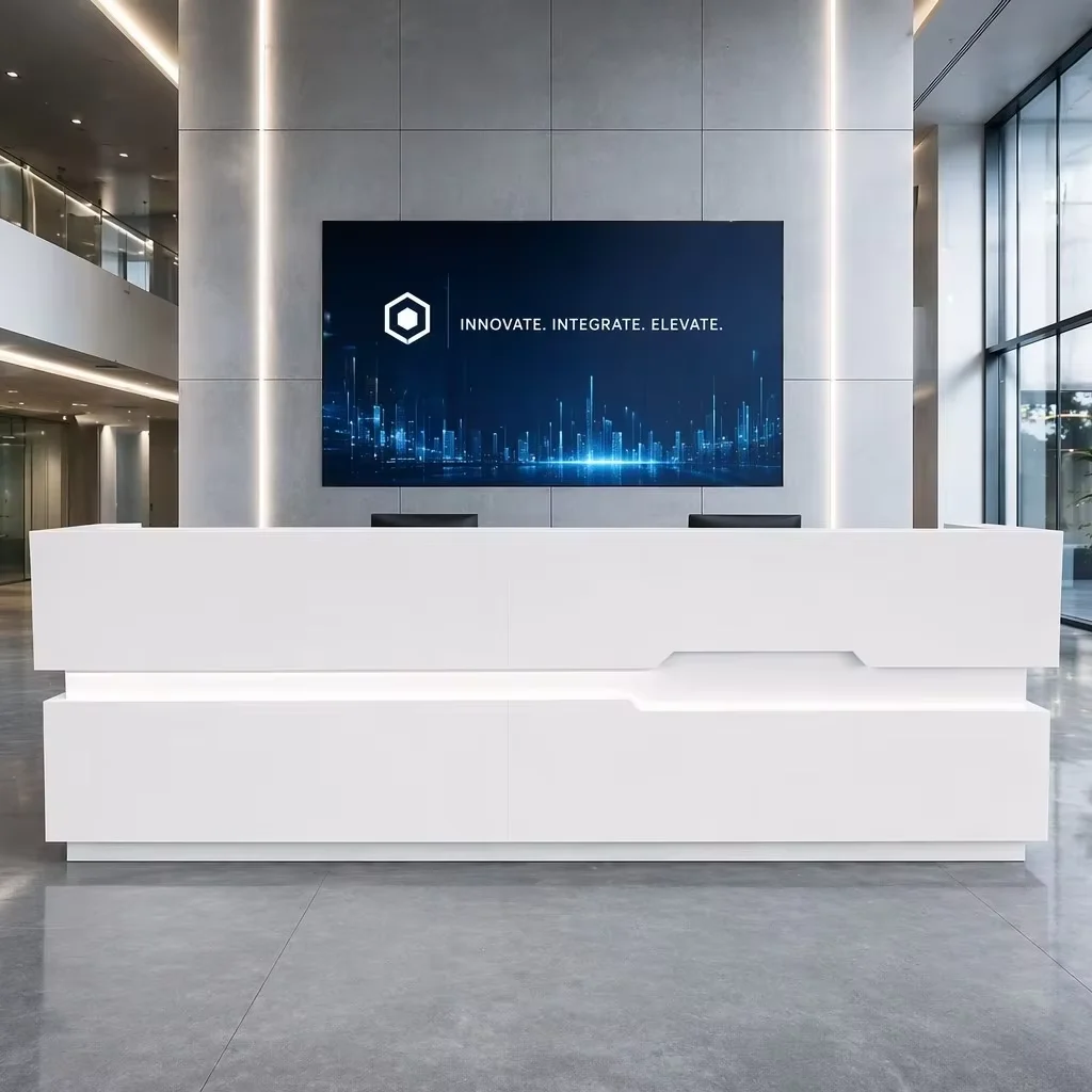 Modern Luxury White Grey Wood Eco-Friendly Extendable Reception Desk Minimalist Curved Front Desk Counter Office Hotel Salon