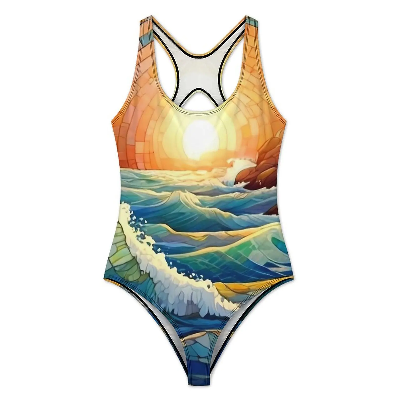 Colorful Mosaic Wave Swimsuit  Swimwear One-Piece Vacation Bath Graphic Swimsuits Bathing Suits Female Push Up Sexy Beach Wear