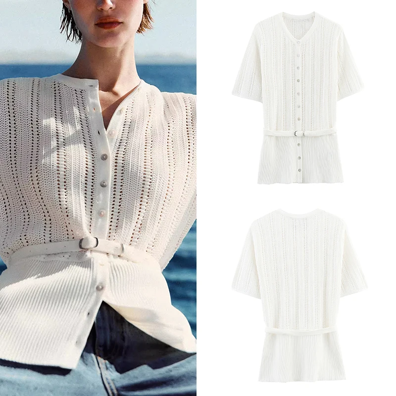 

Faionable Knitted Me Outerwear Women's Sle Belted Floral Embroidery Summer 2025 Z Commute Sle Slim Fit ort Sve