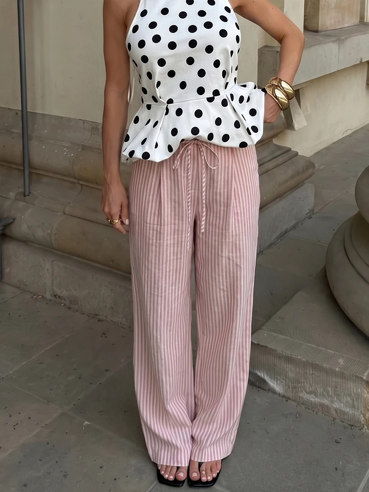 HH Casual Women Striped Wide Leg Pants 2026 Summer Mid Waist Drawstring Linen Blend Striped Lace Up Trousers Female Chic Pants
