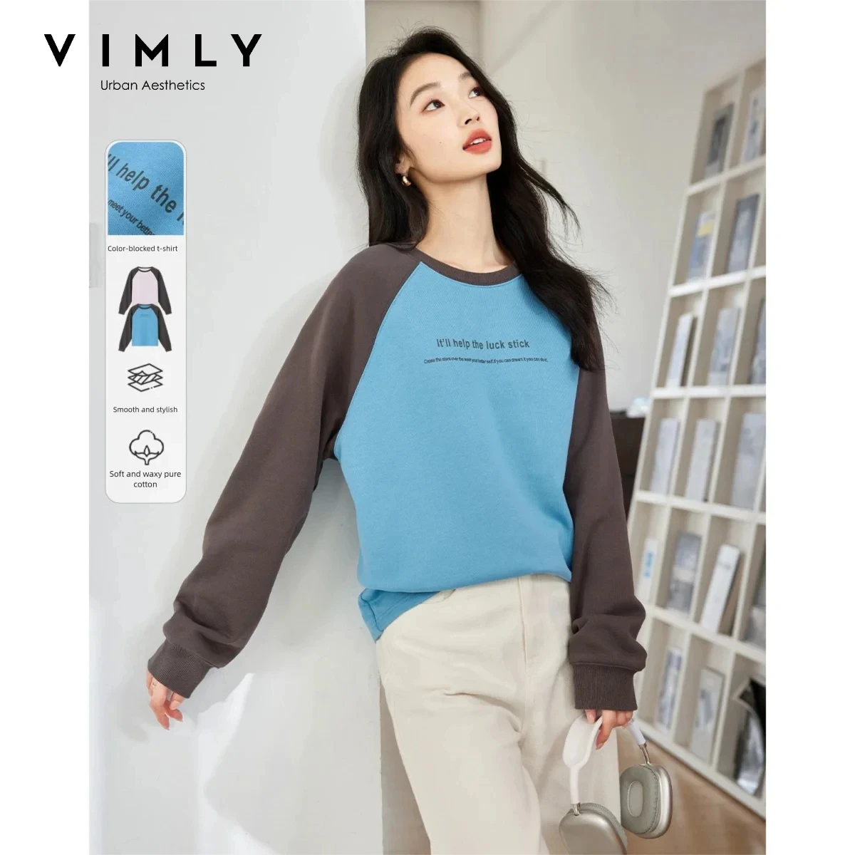 VIMLY Women's Sweatshirt Contrast Color Casual Long Sleeve Sweatshirts Letter Print Casual Commuter Loose-fit Tops Female M8305