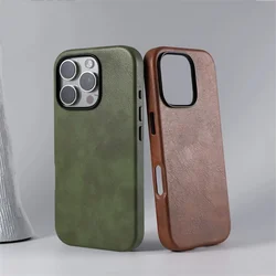 Retro Premium Brown Leather Case For iPhone 17 16 12 13 14 15 Pro Max Coque Business Magnetic Attraction Metal Lens Ring Cover