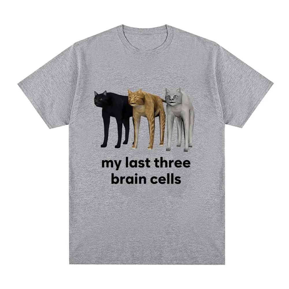 Funny My Last Three Brain Cells Cats Meme T Shirt Men's Cotton Casual Short Sleeve T-shirt Vintage Oversized T Shirts Streetwear image 3
