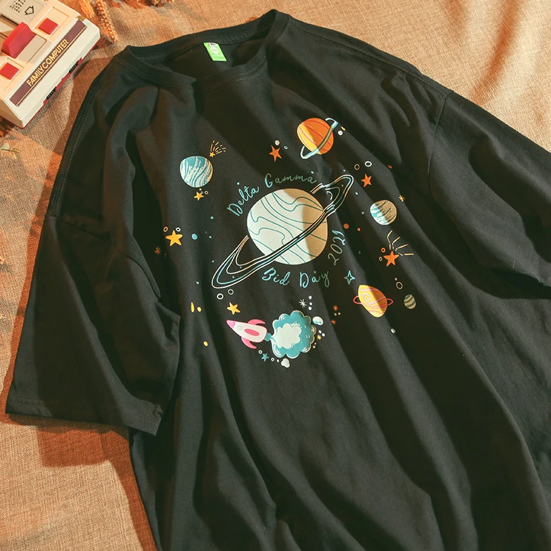 Loose Short Sleeve T-Shirt Women's Summer Fashion Creative Planet Print Top BF Style Korean round Neck Cotton Casual Wear
