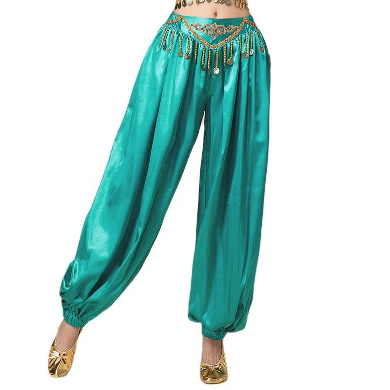 Women Belly Dance Harem Pants Tribal Arabic Halloween Trousers with Gold Trim Gypsy Bellydance Costumes Fancy Carnival Outfit