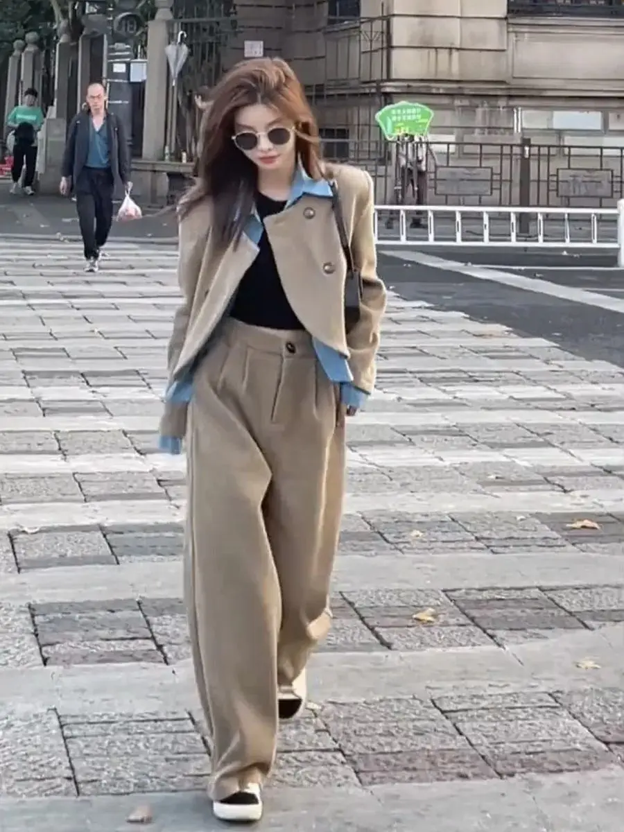 Spring and Autumn Women's Set 2023 New Korean Version Casual Versatile Fake Two Piece Suit Coat Wide Leg Pants Two Piece Set
