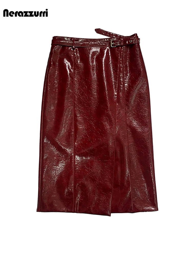 Nerazzurri  Summer Autumn Shiny Reflective Faux Leather Skirt Women Front Slit Belt High Waist Knee Length Elegant Luxury Clo
