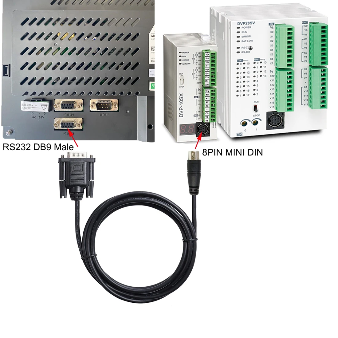 RS232 DB9 Male to Mini Din 8P Serial Cable for Delta DVP PLC & DOP HMI Connection – Industrial-Grade Communication Cable