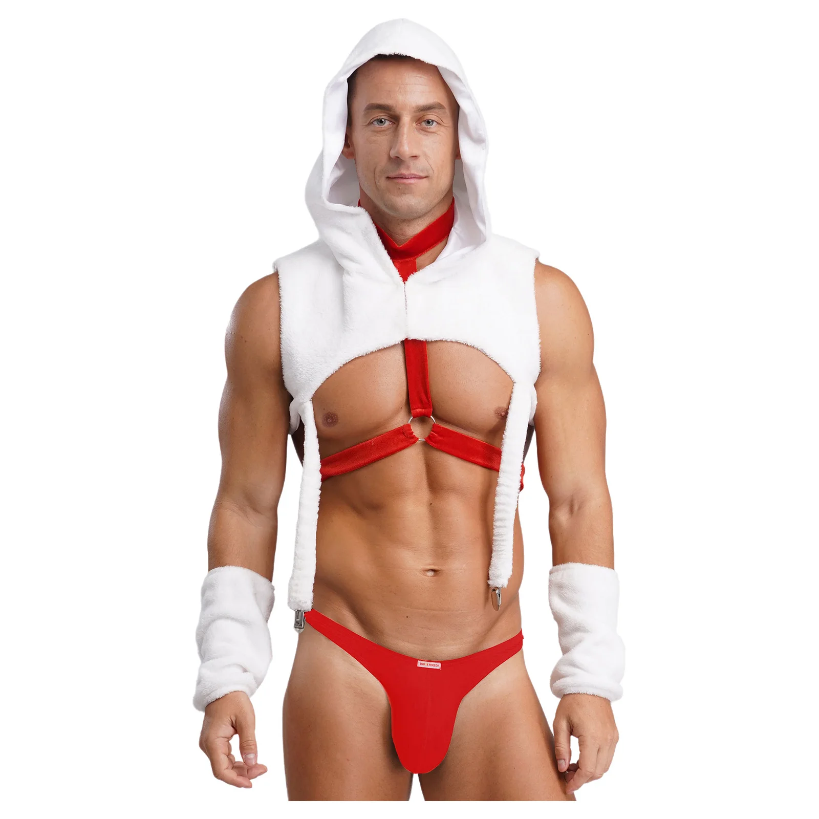 男性クリスマスサンタクロース面白いランジェリーコスチュームフード付きクロップトップスサスペンダークリップ付きボディチェストハーネススリーブ男性ナイトウェア