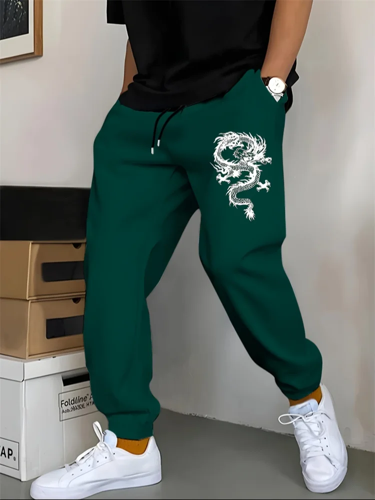 Y2K Pantalones para correr con estampado de dragones y letras para hombre. Pantalones casuales con cordón elástico en la cintura, uso diario, pantalones deportivos S-3XL