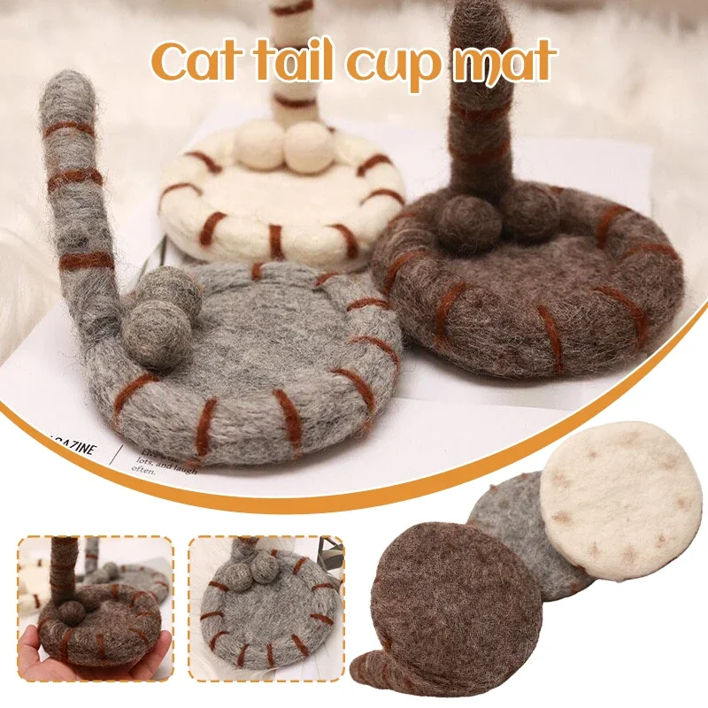 1PC Creative Cute Cat Tail Coaster Handmade Wool Felt Non-slip Heat-Insulating Mat Cartoon Household Warm Cup Mat