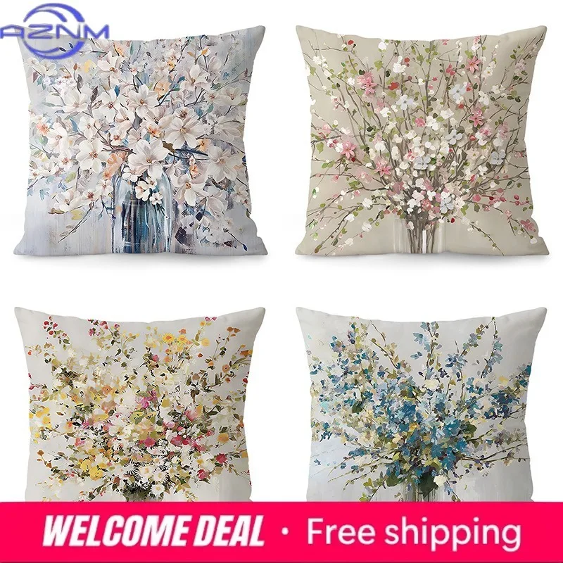 Oil Painting Style Vase Decorative Pillowcase Bedroom Living Room Square Cushion Pillowcase