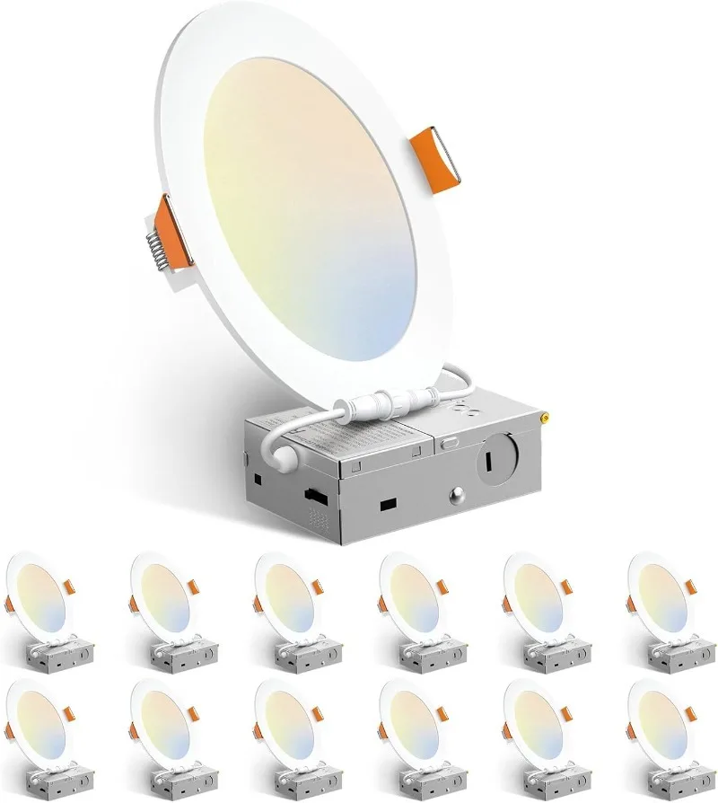 

12 Pack 6 Inch 5CCT Ultra-Thin LED Recessed Ceiling Light with Junction Box, 1050LM Brightness, Dimmable Canless Wafer Dow