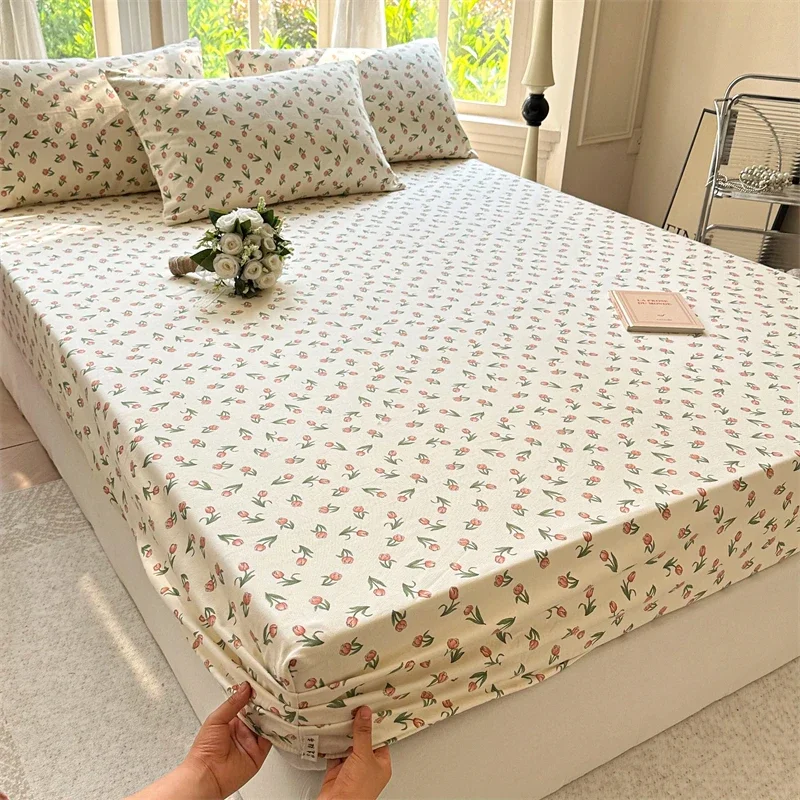 

Pure Cotton Fitted Sheet Floral Style Bed Cover High Quality Bedsheet Skin-friendly Bed Linen protetor de colchão(No Pillowcase)