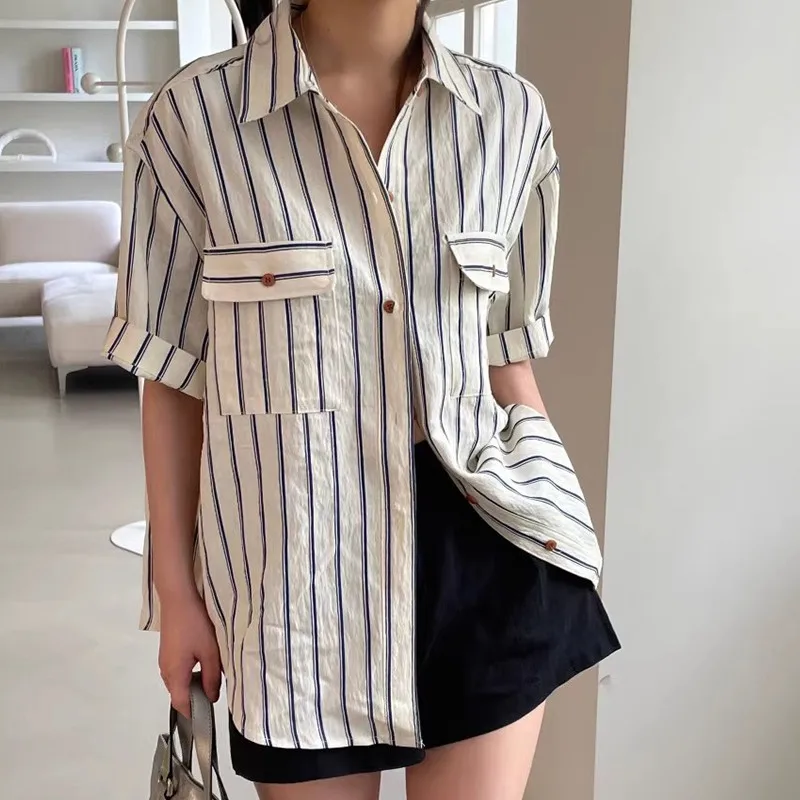 Retro Stripe Shirt Women Turn-down Collar Top Short Sleeve Top Single-breasted Lazy Style Casual All-Match Street Style Summer