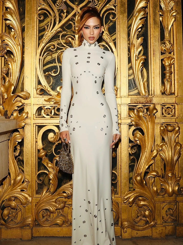 PB elegante vestido largo blanco de manga larga con cuello alto y adornos de diamantes de imitación para bodas Galas fiesta de noche