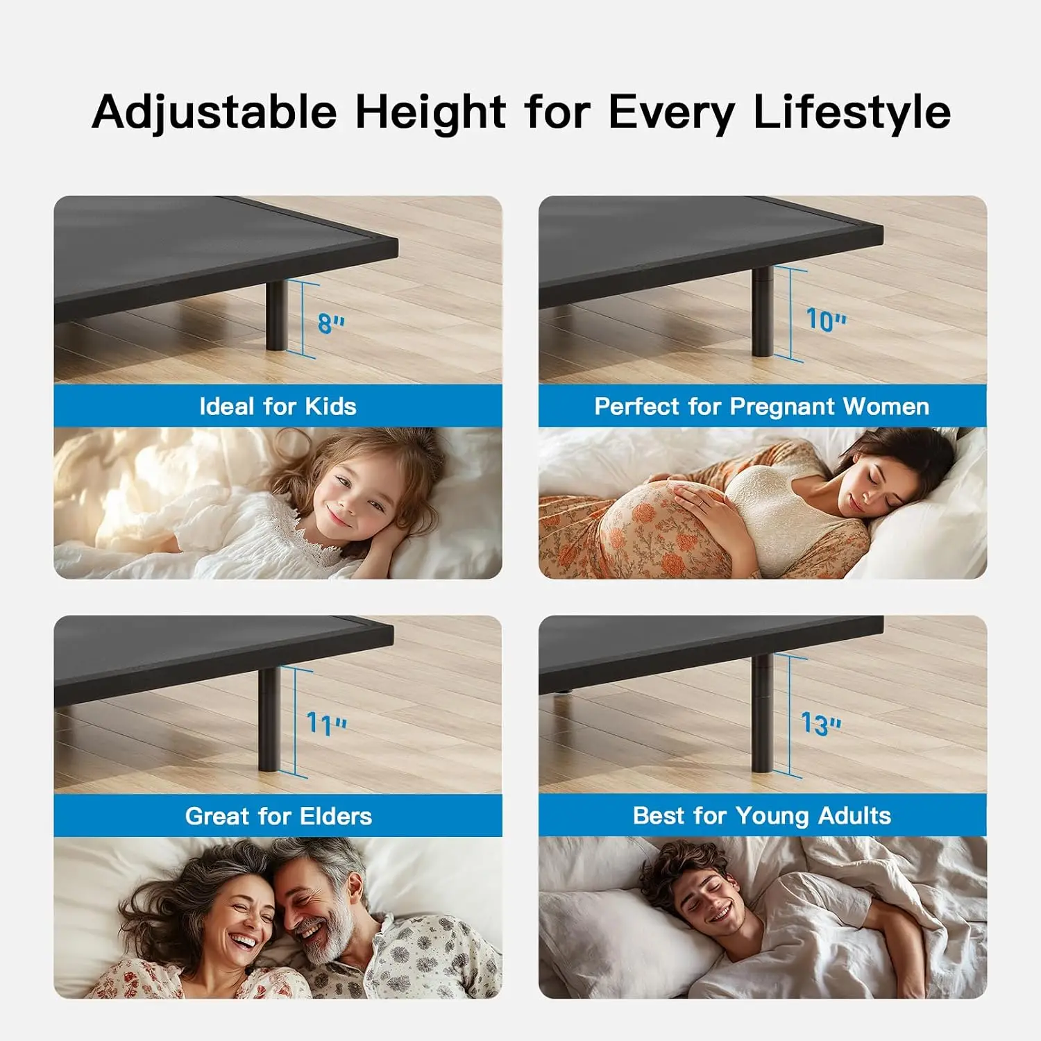 Split King Adjustable Bed Frame Massage Electric Base Head & Foot Incline USB Ports LED Light 4 Height Easy Assembly, Customized