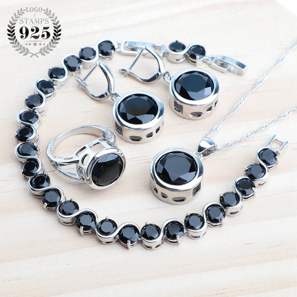 925 silber Braut Schmuck Sets Schwarz Zirkon Ohrringe Für Frauen Hochzeit Schmuck Anhänger Halskette Set Damen Ringe Armbänder