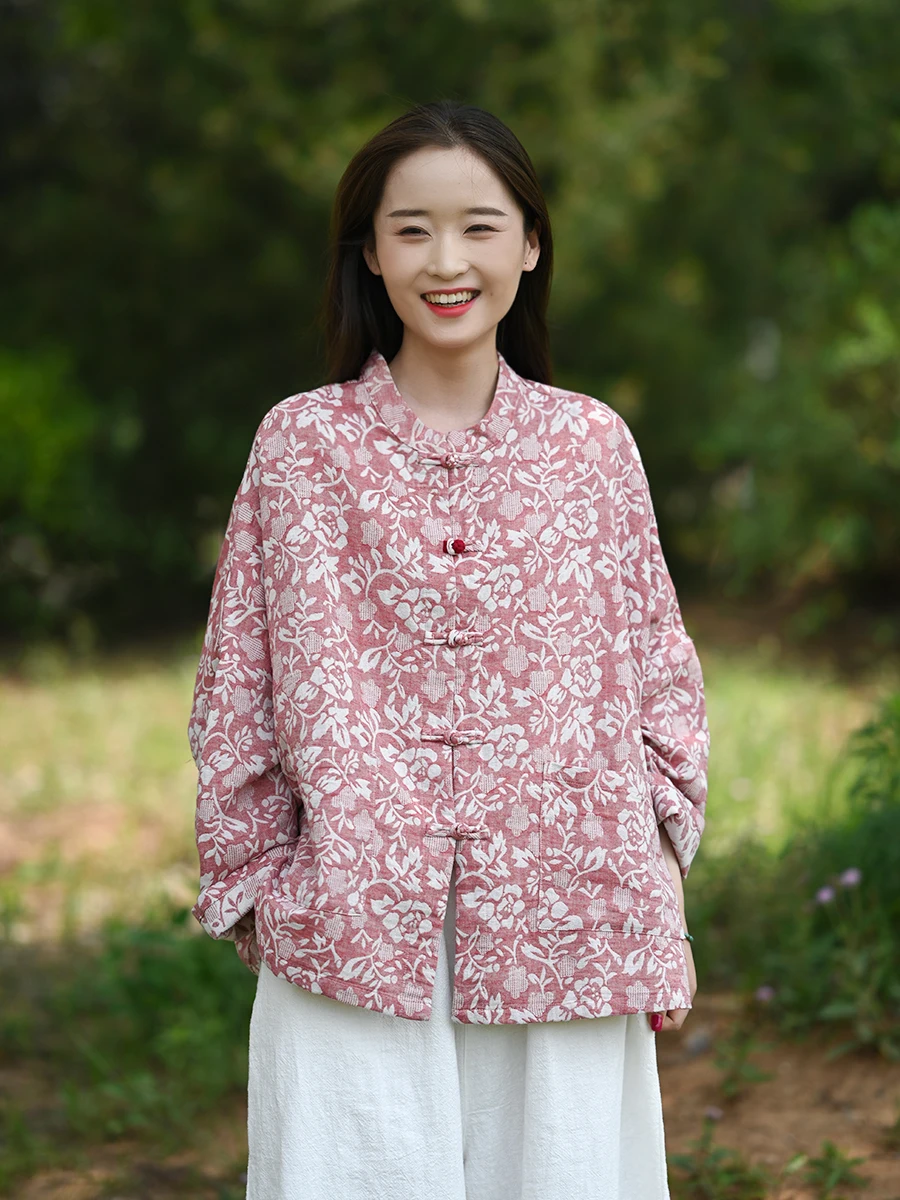 

Women Cotton Linen Casual Shirt New Arrival 2025 Autumn Vintage Style Stand Collar Floral Print Loose Female Tops Shirts M2077