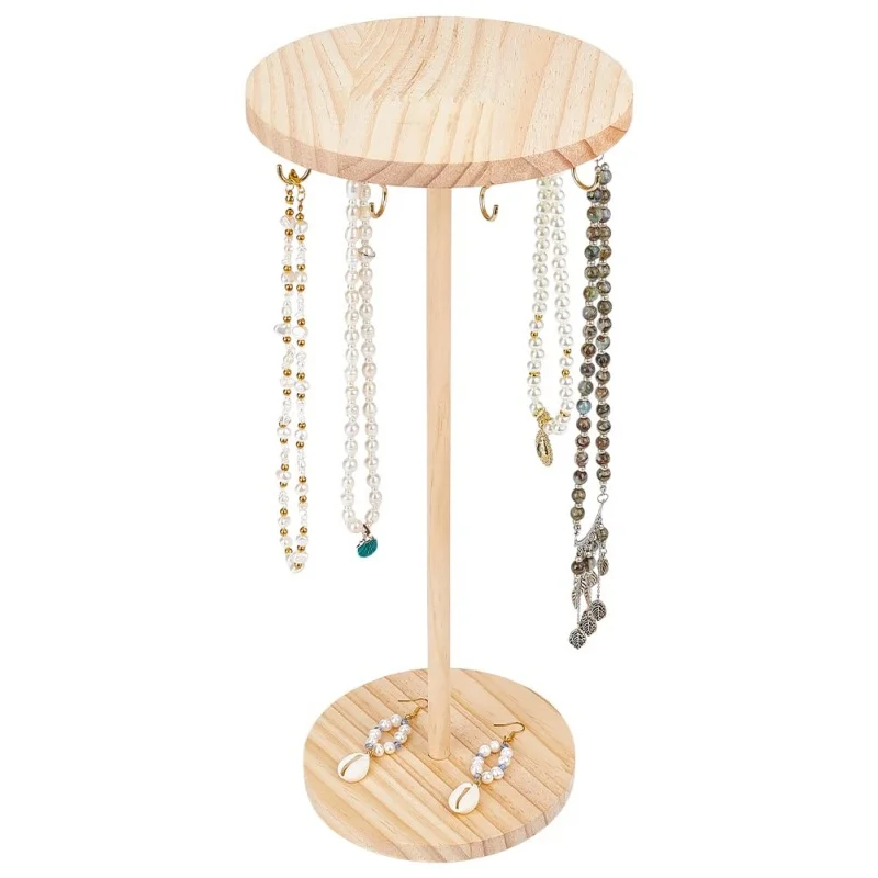 منظم مجوهرات خشبي مع 12/18 قطعة خطاف ذهبي، حامل عرض مجوهرات خشبية برج قاعدة مستديرة حامل قلادة للعروض #5