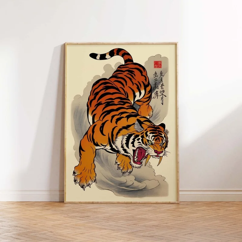 Panther Tiger Print Poster, Botanical Decor, Jungle Art, Japanese Tiger Art, Indian Tiger Art, Tropical Wall Art, Animal Art