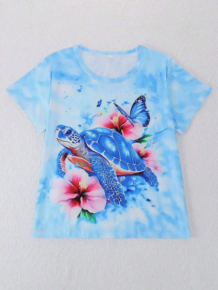 Womens Ocean Turtle Print Short Sleeve Sleep Top, Loose Crew Neck Pajama Top