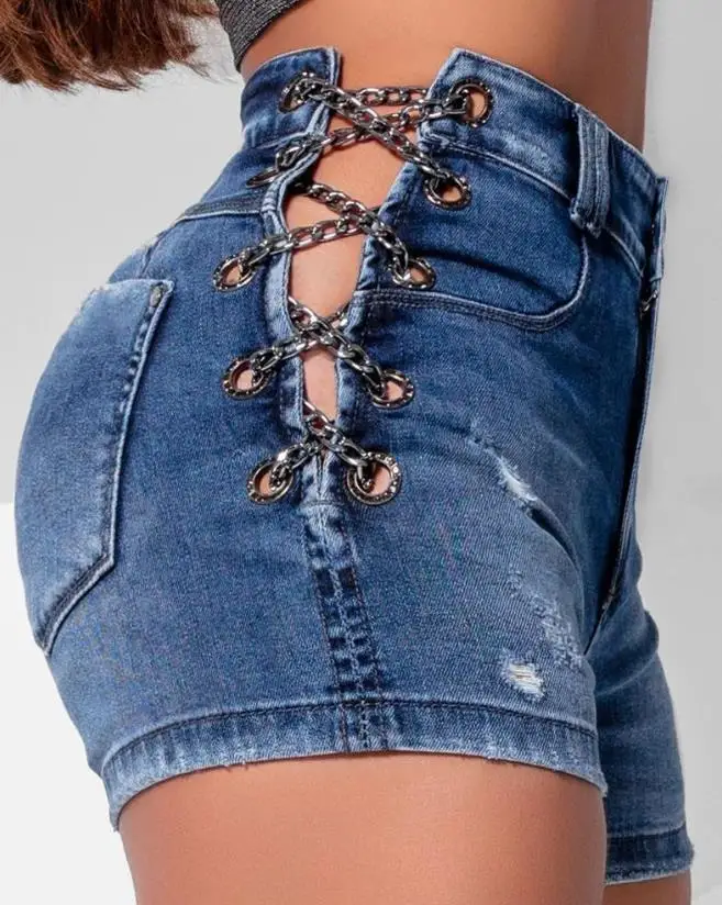 

New Fashion Short Jeans 2024 Summer Casual Grommet Eyelet Chain Lace-up Ripped Womens Denim Shorts Female Clothes Y2K