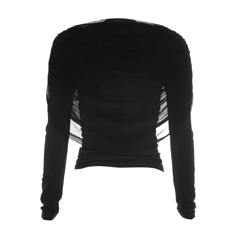 2026 Frühling Sommer Damen Langarm-T-Shirt mit drapiertem Kragen, plissiertem Schal, schmal geschnitten, Stretch-Oberteil, elegant, lässig, Alltagskleidung – Detail 15