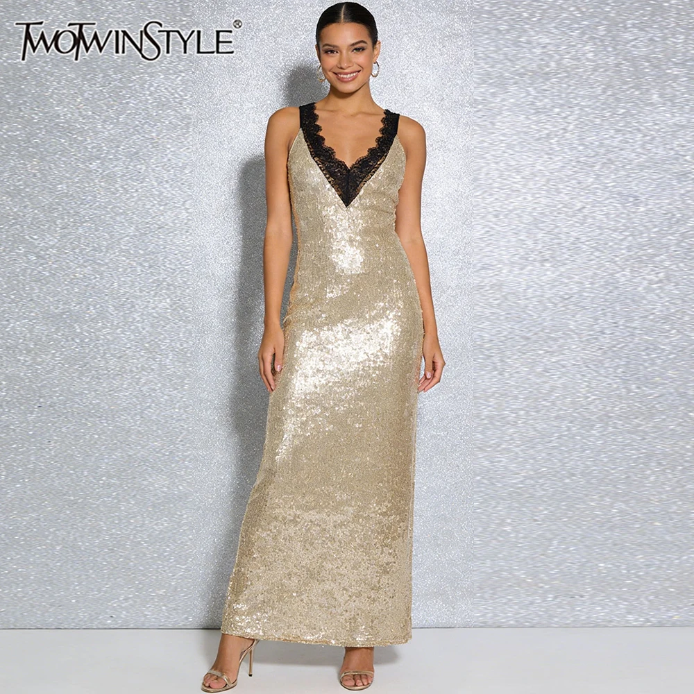 TWOTWINSTYLE Hit Color Slimming Spliced Sequins Fashion Dresses for Women V Neck Sleeveless Patchwork Lace Longdress Female New