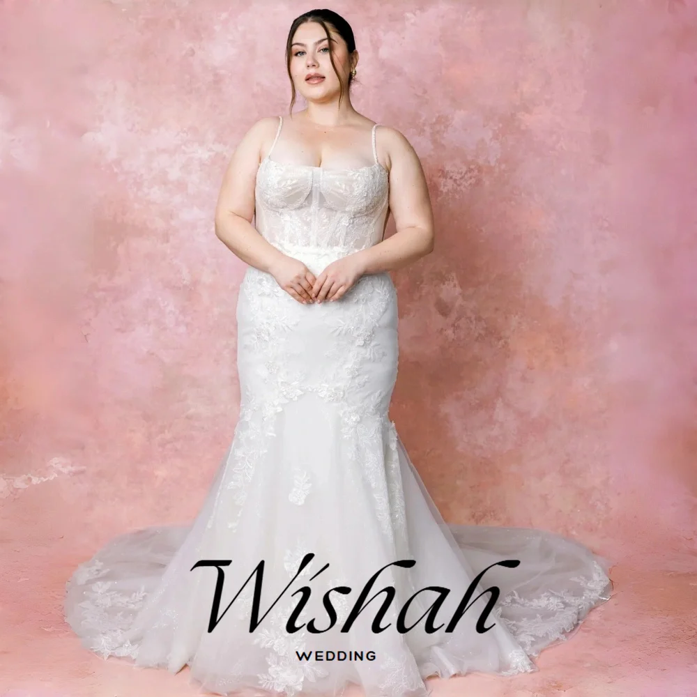 Wishah Customized Weeding Dress Spaghetti Strap Sleeveless Tulle Applique Mermaid Long Lace-up Bow Oversize Backless Bridal Gown