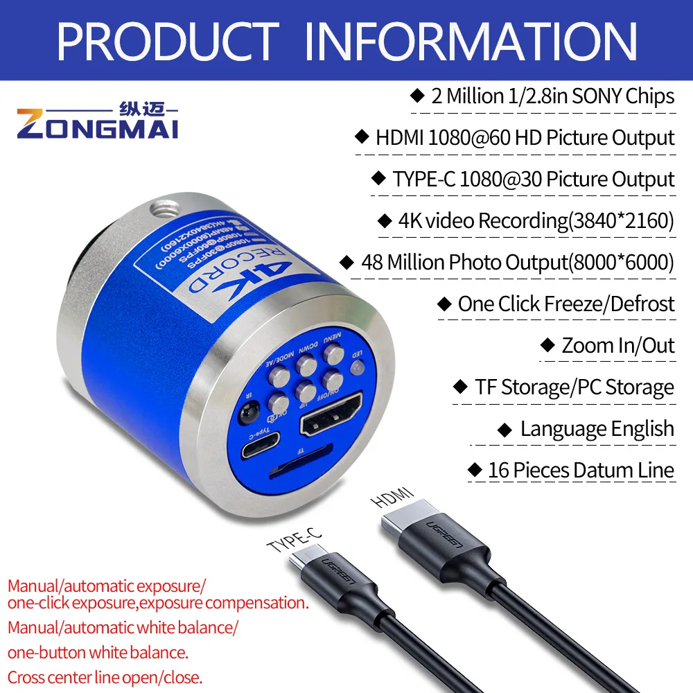 ZONGMAI-Microscópio Industrial Full HD, Câmera Digital C-Mount, Via Tipo de Medição para Solda PCB, Reparação Telefônica, 1080P, 4K