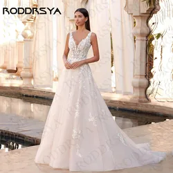 RODDRSYA Elegant V Neck Beach Wedding Dresses Sleeveless Tulle A Line Lace Appliques Backless 2024 Bridal Gown Vestidos De Novia
