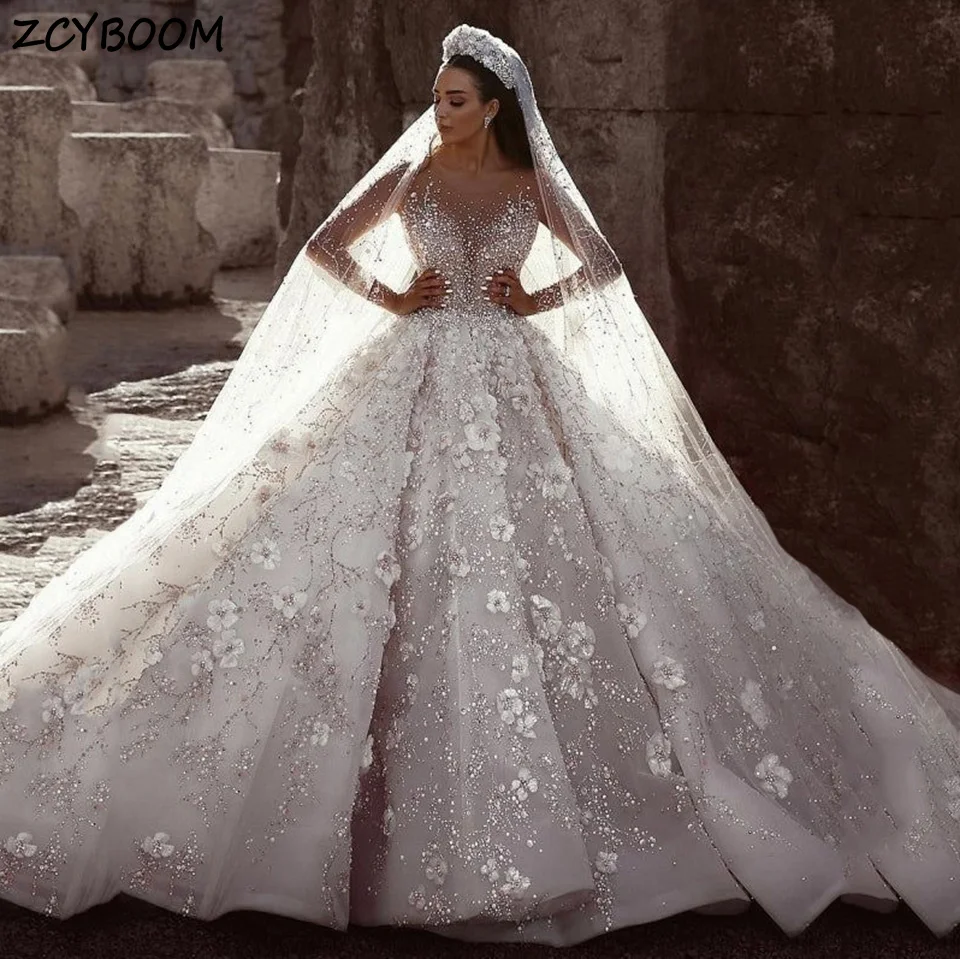 

Luxury White O-Neck Sequin Flowers Full sleeves Wedding Dress 2025 Ball Gown Floor Length Sweep Train Tulle Lace Up Bridal Gown