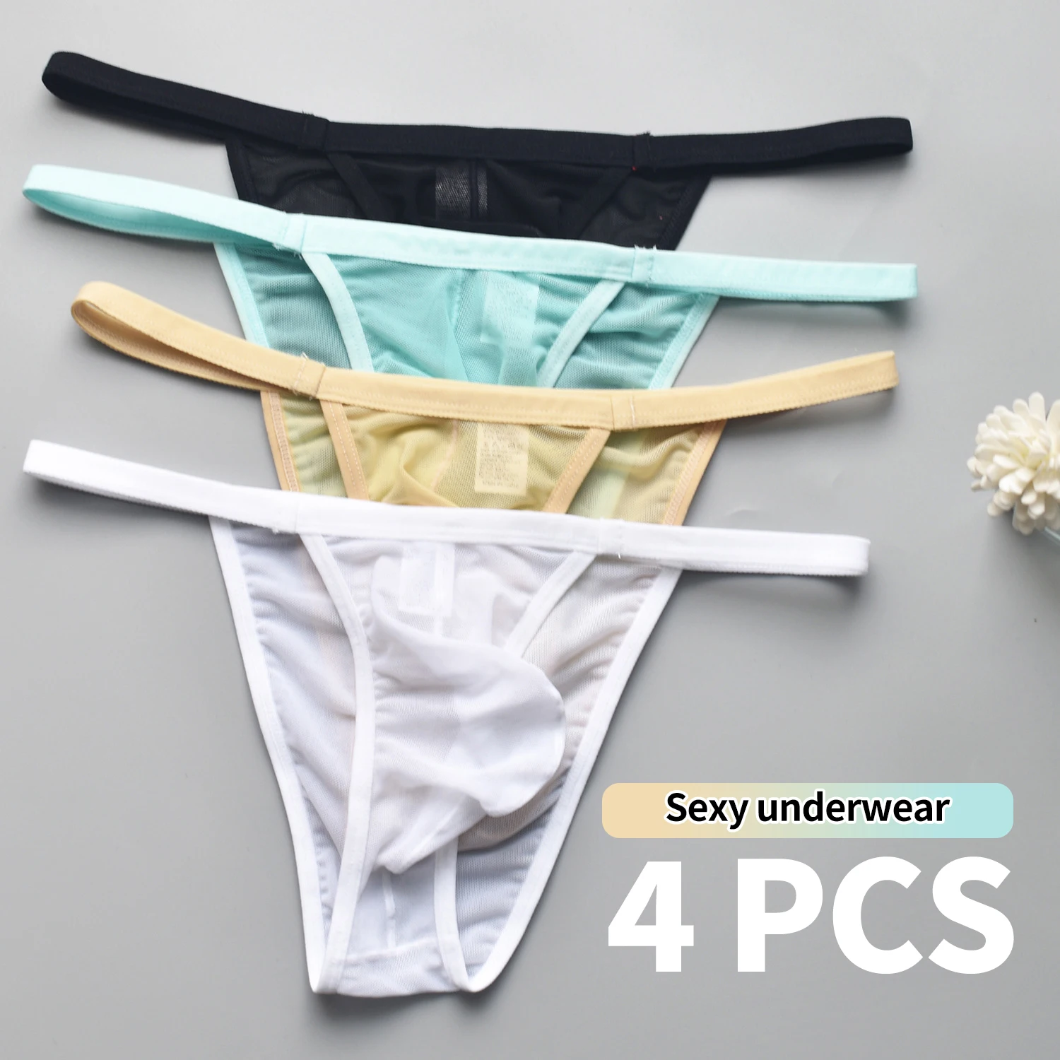 

4-piece underwear men's triangle pants sexy low waist breathable fun perspective mesh underwear small triangle