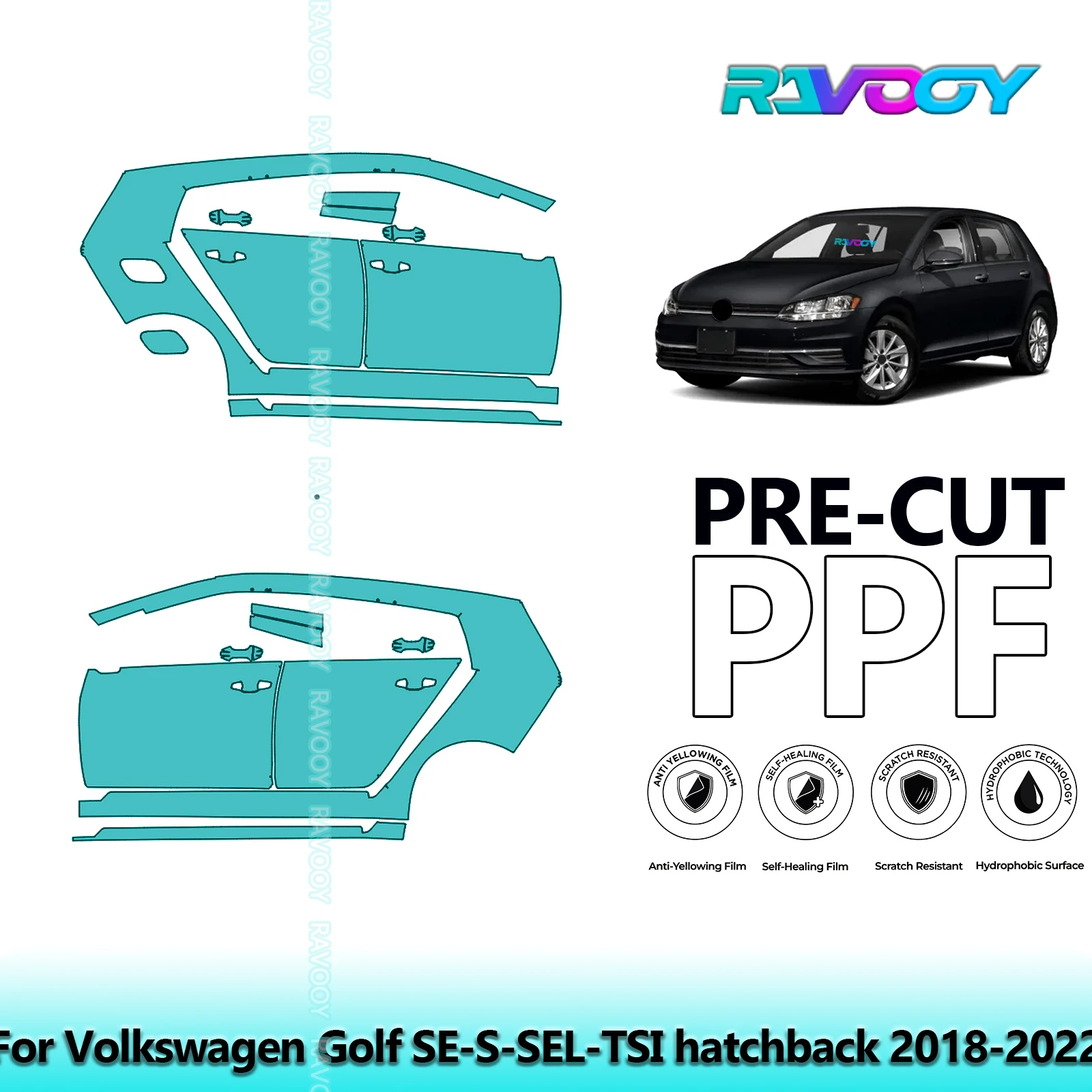 

For Volkswagen Golf SE-S-SEL-TSI hatchback 2018-2022 8.5mil Pre-Cut PPF Door & A/B Pillar Kit TPU Paint Protection Film Set