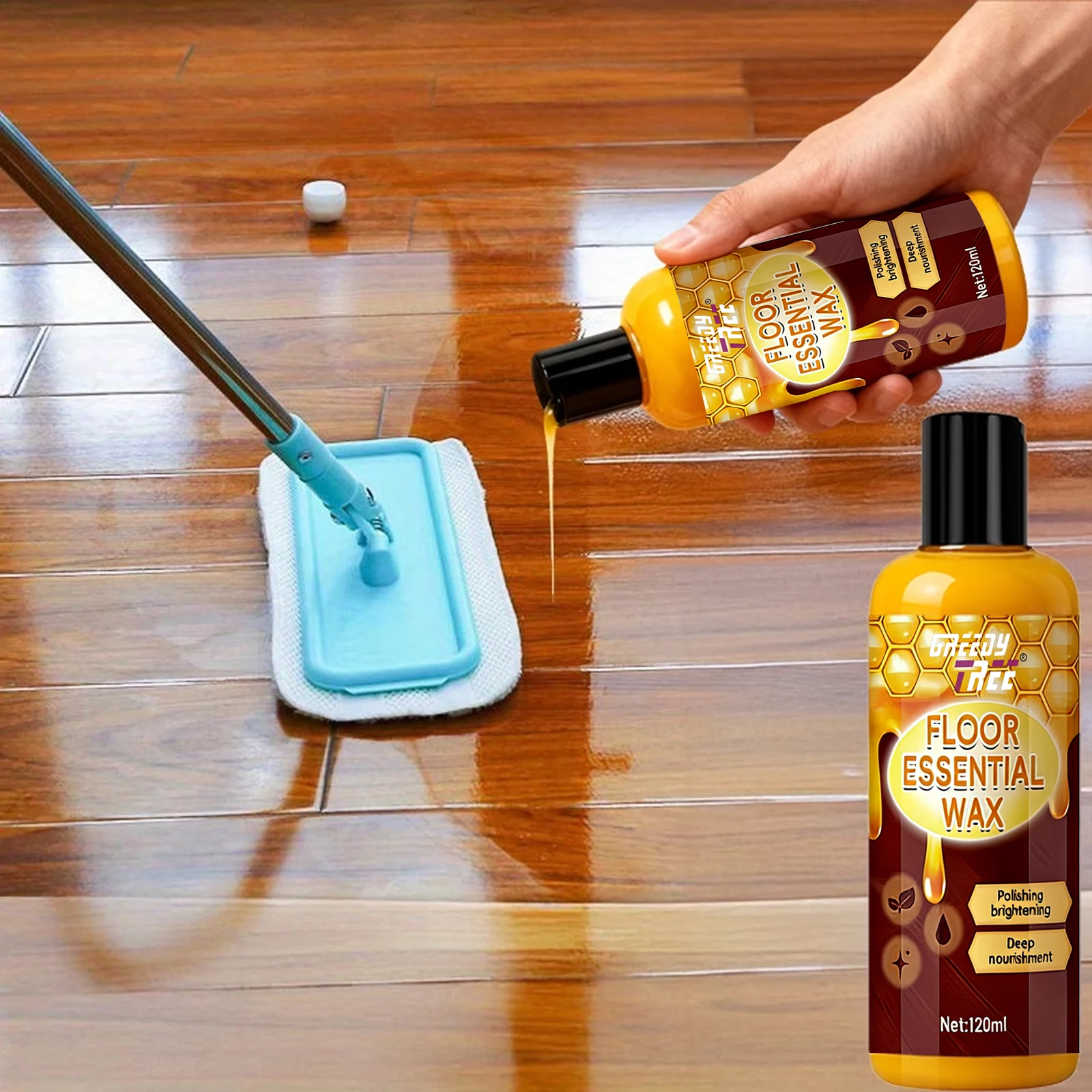 Kit Profesional de Cera Esencial para Pisos de 120 ml con Esponja y Toalla - Pulido, Abrillantado y Nutrición Profunda para Pisos de Madera y Azulejos