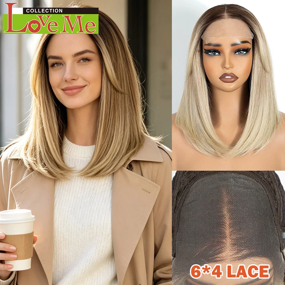 LOVE ME Synthetic Lace Front Wigs For Women Pre Plucked Pre-Cut 18 Inch Bob Wigs Ombre Brown Blonde Daily Use Cosplay Wigs
