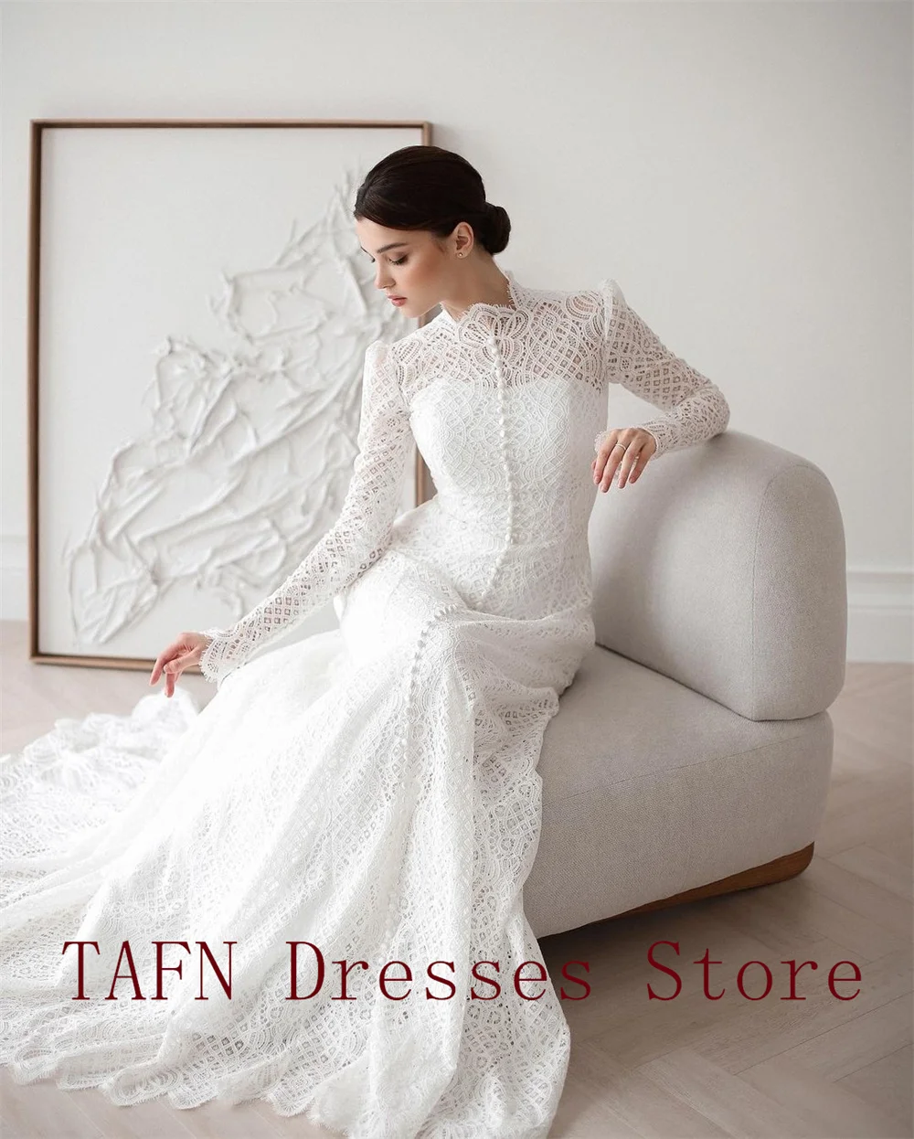 TAFN Modest Wedding Dresses Lace High Collar Full Sleeves Bridal Gown Button A-line Sweep Train Bride Weding Party Gowns